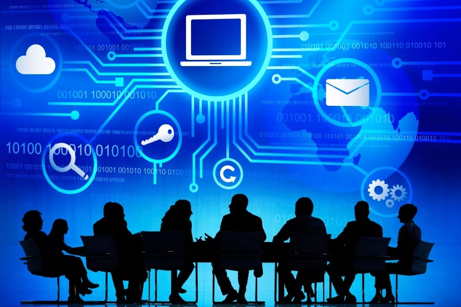 Business People in a Meeting and Cybersecurity Concepts